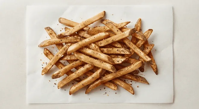 Wingstop Lemon Pepper Fries, lemon pepper seasoned skin-on fries on white paper, nutrition and calories