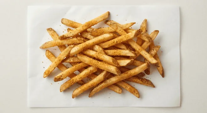 Wingstop Style Fries, seasoned skin-on fries on white paper, nutrition and calories
