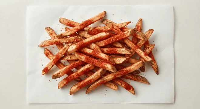 Wingstop Cajun Fries, Cajun-seasoned skin-on fries on white paper, nutrition and calories