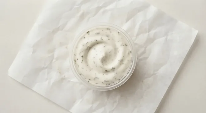 Wingstop Big Ranch Dip, ranch dip with herbs in a clear pot, nutrition and calories