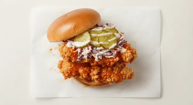 Wingstop Original Big Flavour Burger, crispy chicken burger in original hot sauce with pickles and slaw in a brioche bun, nutrition and calories