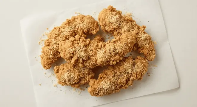 Wingstop Garlic Parmesan Tenders, crispy chicken tenders tossed in garlic parmesan seasoning on white paper, nutrition and calories