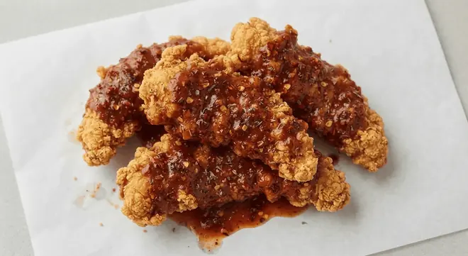 Wingstop Atomic Tenders, crispy chicken tenders in a dark atomic hot sauce on white paper, nutrition and calories
