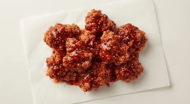 Wingstop Atomic Boneless, boneless chicken bites in a dark red atomic hot sauce on white paper, nutrition and calories