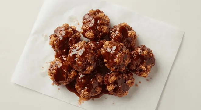 Wingstop Hickory Smoked BBQ Boneless, boneless chicken bites in sticky hickory smoked BBQ sauce on white paper, nutrition and calories