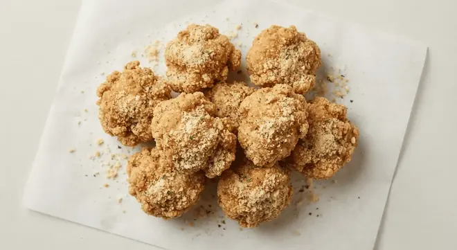 Wingstop Garlic Parmesan Boneless, boneless chicken bites tossed in garlic parmesan seasoning on white paper, nutrition and calories