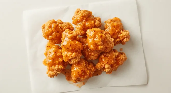 Wingstop Mango Habanero Boneless, boneless chicken bites in orange mango habanero sauce on white paper, nutrition and calories