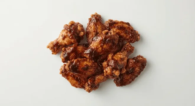 Wingstop Hickory Smoked BBQ Wings, chicken wings in sticky hickory smoked BBQ sauce on a white background, nutrition and calories