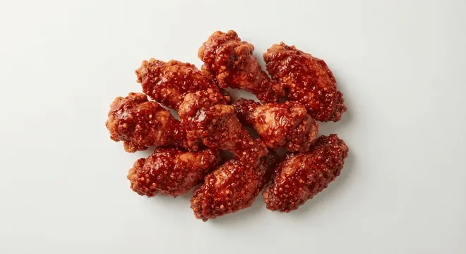 Wingstop Atomic Wings, chicken wings in dark red atomic hot sauce on a white background, nutrition and calories