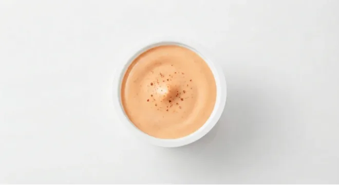 McDonald's Spicy Mayo Dip, spicy mayo dip in a small white pot, seen from above, nutrition and calories