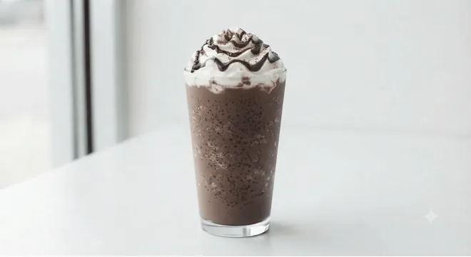 Starbucks Java Chip Frappuccino (Grande, Coconut Milk), blended coffee with chocolate chips topped with whipped cream and chocolate drizzle in a clear glass, nutrition and calories