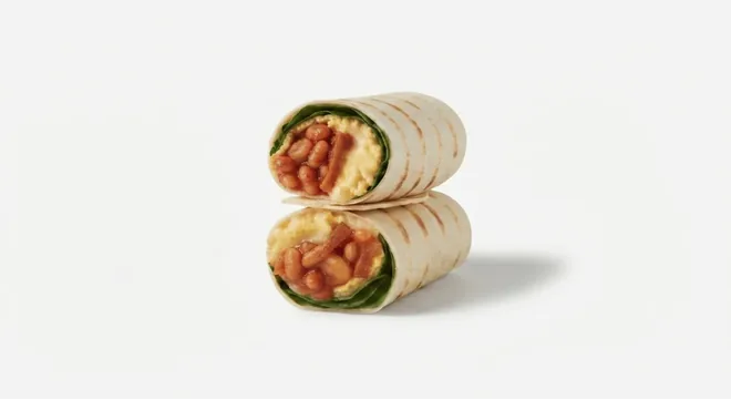 Starbucks All Day Breakfast Wrap, breakfast wrap cut in half showing beans, egg and sausage filling, nutrition and calories