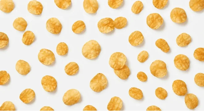 Starbucks Kettle Sweet Chilli and Sour Crisps, scattered crinkle-cut crisps on a white background, nutrition and calories