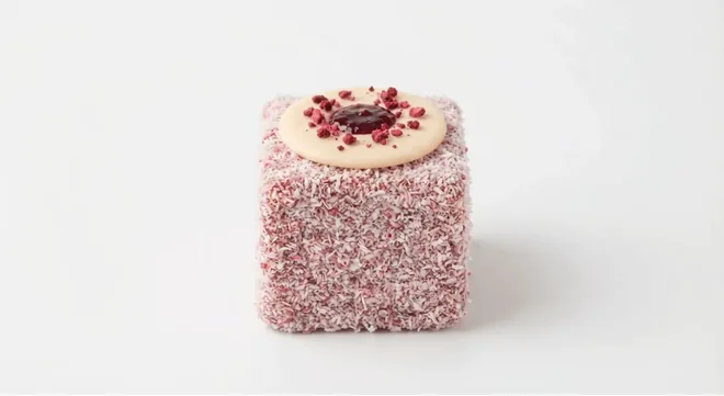 Starbucks Raspberry & Coconut Cake Cube, square raspberry and coconut sponge cake cube topped with raspberry, nutrition and calories