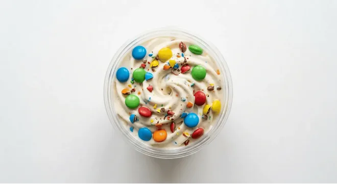 McDonald's Smarties McFlurry (Regular), soft serve ice cream mixed with Smarties in a small cup, seen from above, nutrition and calories