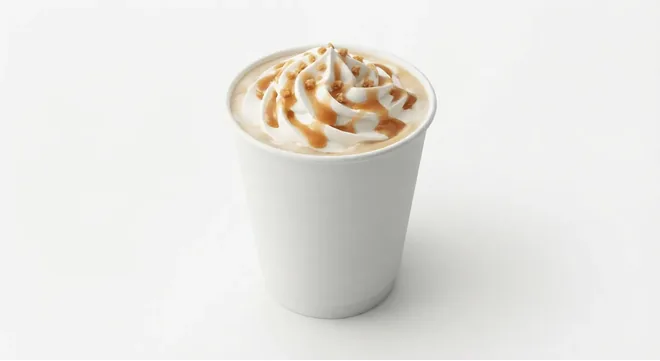 McDonald's Toffee Latte, toffee latte topped with whipped cream and toffee sauce in a white paper cup, nutrition and calories