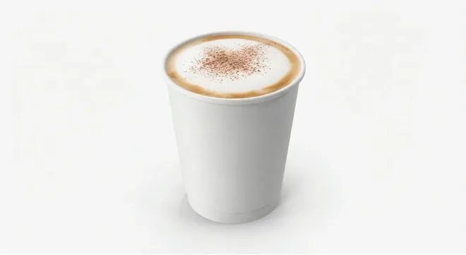 McDonald's Cappuccino, cappuccino dusted with chocolate in a white paper cup, nutrition and calories
