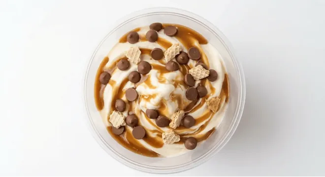 McDonald's Galaxy Caramel McFlurry, soft serve ice cream with caramel sauce and chocolate pieces in a clear cup, seen from above, nutrition and calories