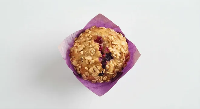 McDonald's Mixed Berry Muffin, mixed berry muffin in a purple paper case, nutrition and calories