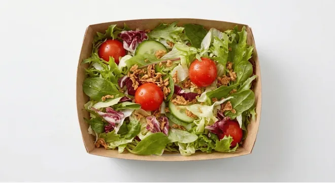 McDonald's Side Salad, mixed leaf side salad with cherry tomatoes and cucumber in a paper tray, nutrition and calories
