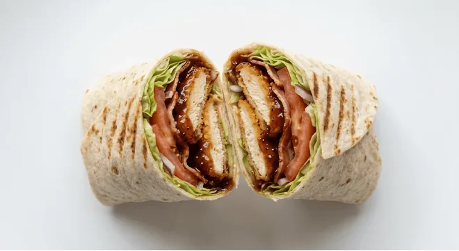 McDonald's Crispy BBQ & Bacon Wrap, toasted wrap cut in half filled with crispy chicken, bacon, BBQ sauce and lettuce, nutrition and calories