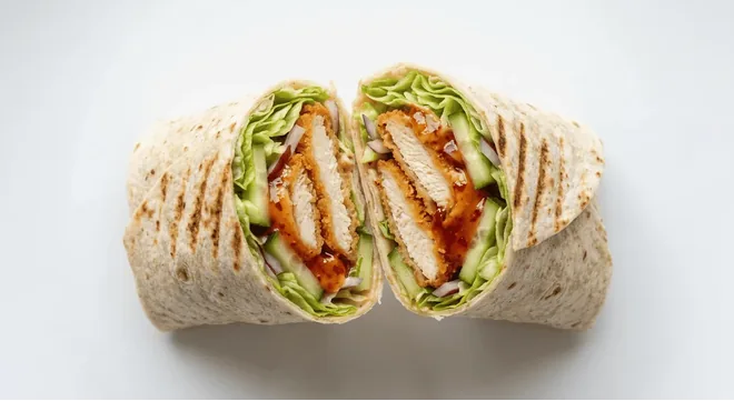 McDonald's Crispy Sweet Chilli Chicken Wrap, toasted wrap cut in half filled with crispy chicken, sweet chilli sauce and lettuce, nutrition and calories