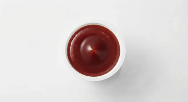 McDonald's BBQ Dip, BBQ dip in a small white pot, seen from above, nutrition and calories