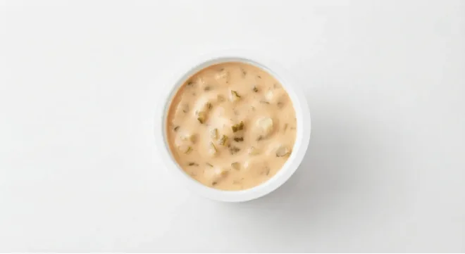McDonald's Big Mac Sauce, Big Mac sauce in a small white pot, seen from above, nutrition and calories