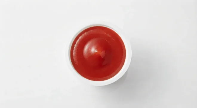McDonald's Tomato Ketchup, tomato ketchup in a small white pot, seen from above, nutrition and calories