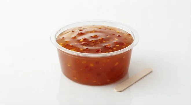 McDonald's Hot Honey Dip, chunky hot honey dip in a clear pot, nutrition and calories