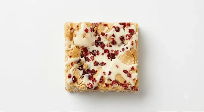 Starbucks White Chocolate and Cherry Blondie, square white chocolate and cherry blondie, seen from above, nutrition and calories