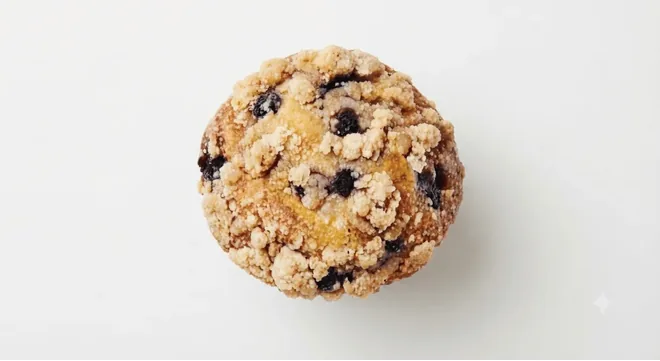 Starbucks Blueberry Muffin, blueberry muffin with a crumble topping, seen from above, nutrition and calories