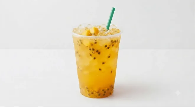 Starbucks Mango Passionfruit Starbucks Refreshers, mango passionfruit refresher with passionfruit seeds over ice in a clear cup with a green straw, nutrition and calories