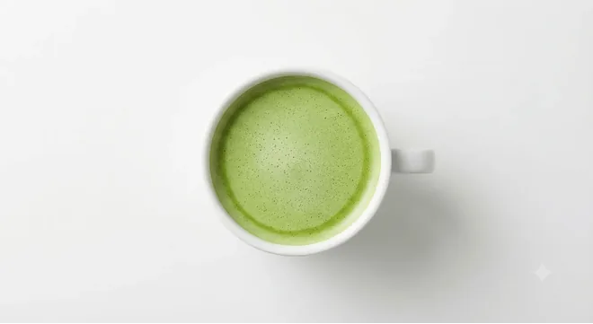 Starbucks Matcha Tea Latte, matcha tea latte in a white cup, seen from above, nutrition and calories