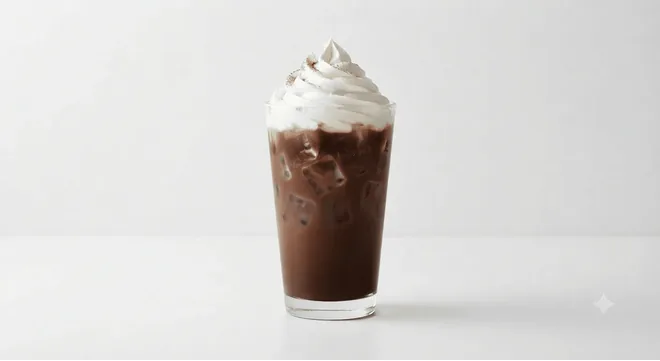Starbucks Iced Caffè Mocha, iced mocha topped with whipped cream in a clear glass, nutrition and calories
