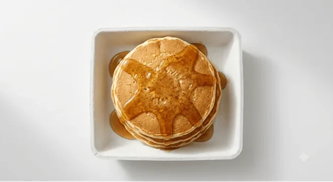 McDonald's Pancakes and Syrup, stack of pancakes with syrup in a white tray, nutrition and calories