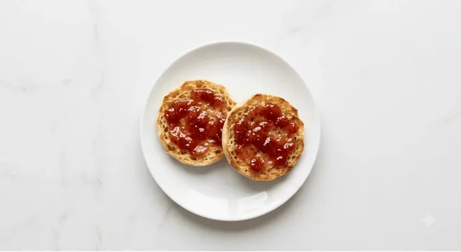McDonald's Muffin with Jam, toasted muffin halves spread with strawberry jam on a white plate, nutrition and calories