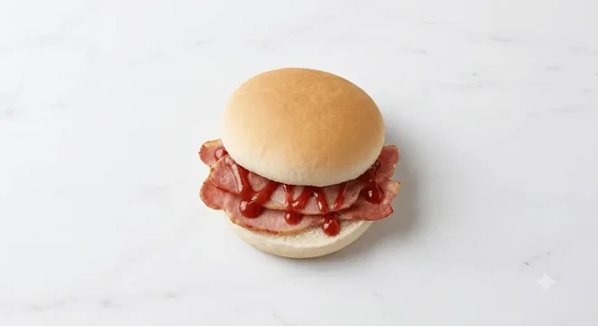 McDonald's Bacon Roll with Tomato Ketchup, bacon in a soft white roll with ketchup, nutrition and calories