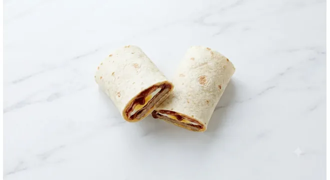 McDonald's Breakfast Wrap with Ketchup, breakfast wrap cut in half filled with sausage, egg, hash brown and ketchup, nutrition and calories