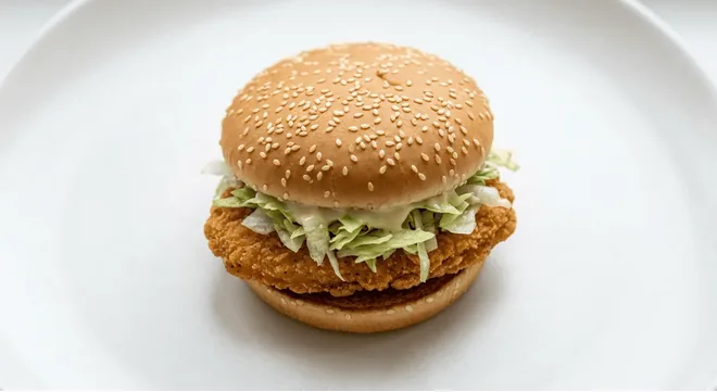 McDonald's McChicken Sandwich, crispy chicken patty with shredded lettuce and mayo in a sesame bun, nutrition and calories