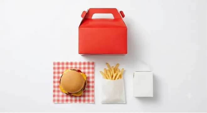 McDonald's Cheeseburger Happy Meal, Happy Meal red box with a cheeseburger, fries and a drink carton, nutrition and calories