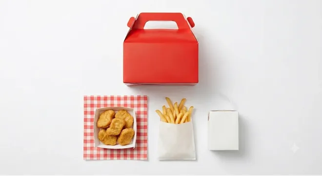 McDonald's Chicken McNuggets (4 piece) Happy Meal, Happy Meal red box with chicken nuggets, fries and a drink carton, nutrition and calories