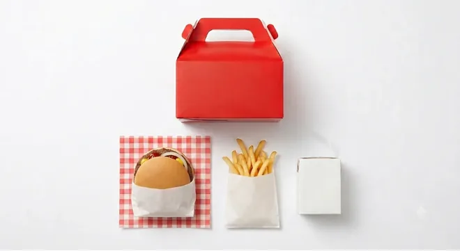 McDonald's Hamburger Happy Meal, Happy Meal red box with a hamburger, fries and a drink carton, nutrition and calories
