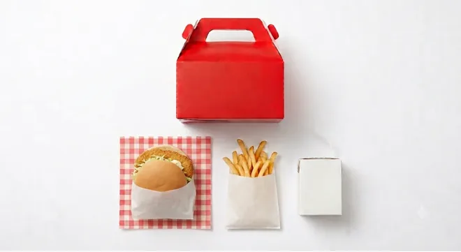 McDonald's Mayo Chicken Happy Meal, Happy Meal red box with a chicken burger, fries and a drink carton, nutrition and calories