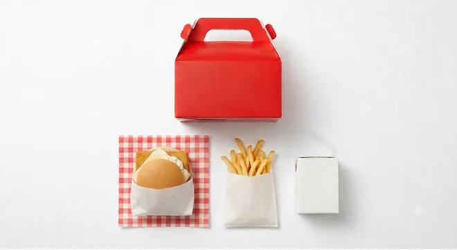 The Filet-O-Fish Happy Meal, Happy Meal red box with a fish burger, fries and a drink carton, nutrition and calories