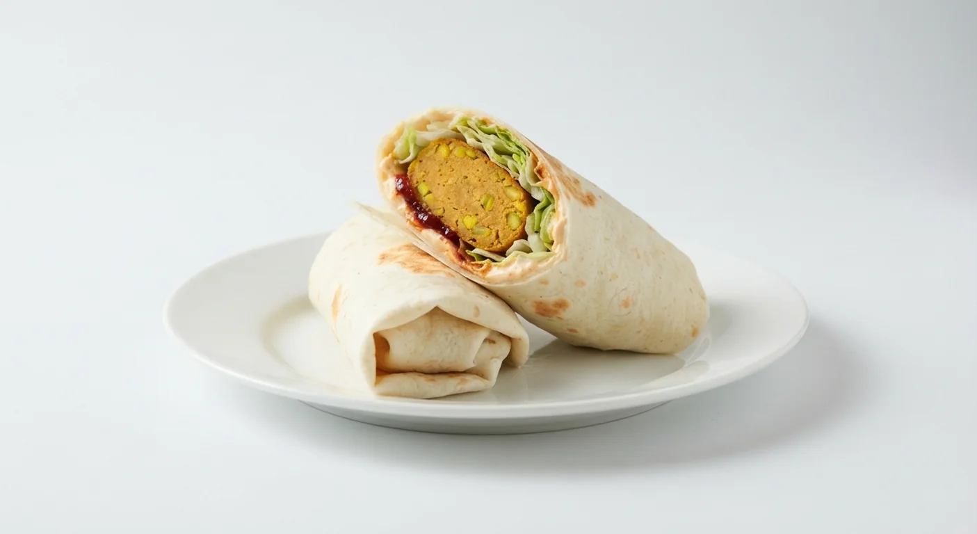 Nando's Beanie Wrap, vegetable and bean patty wrap with lettuce, yoghurt mayo and chilli jam, cut in half on a white plate, nutrition and calories