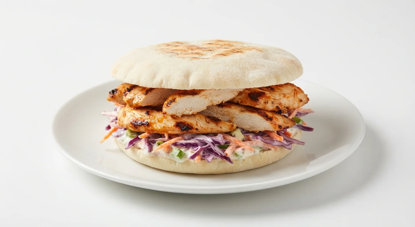 Nando's Double Chicken Pitta, sliced PERi-PERi chicken breast in a toasted pitta with slaw and Lemon & Herb mayo on a white plate, nutrition and calories