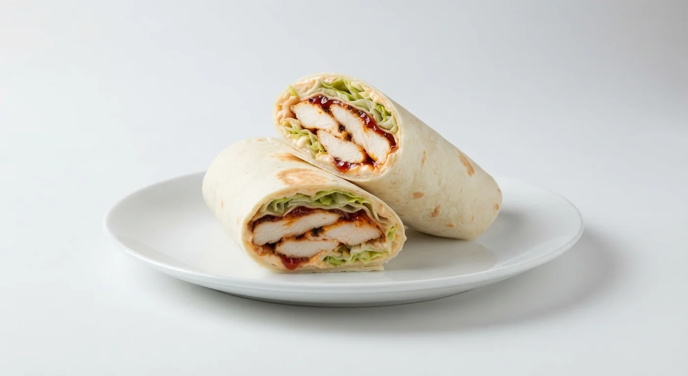 Nando's Grilled Chicken Wrap, PERi-PERi chicken wrap with lettuce, yoghurt mayo and chilli jam, cut in half on a white plate, nutrition and calories