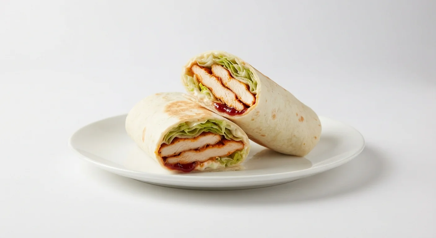 Nando's The Great Imitator Wrap, plant-based PERi-PERi strips with lettuce, garlic PERinaise and chilli jam, cut in half on a white plate, nutrition and calories