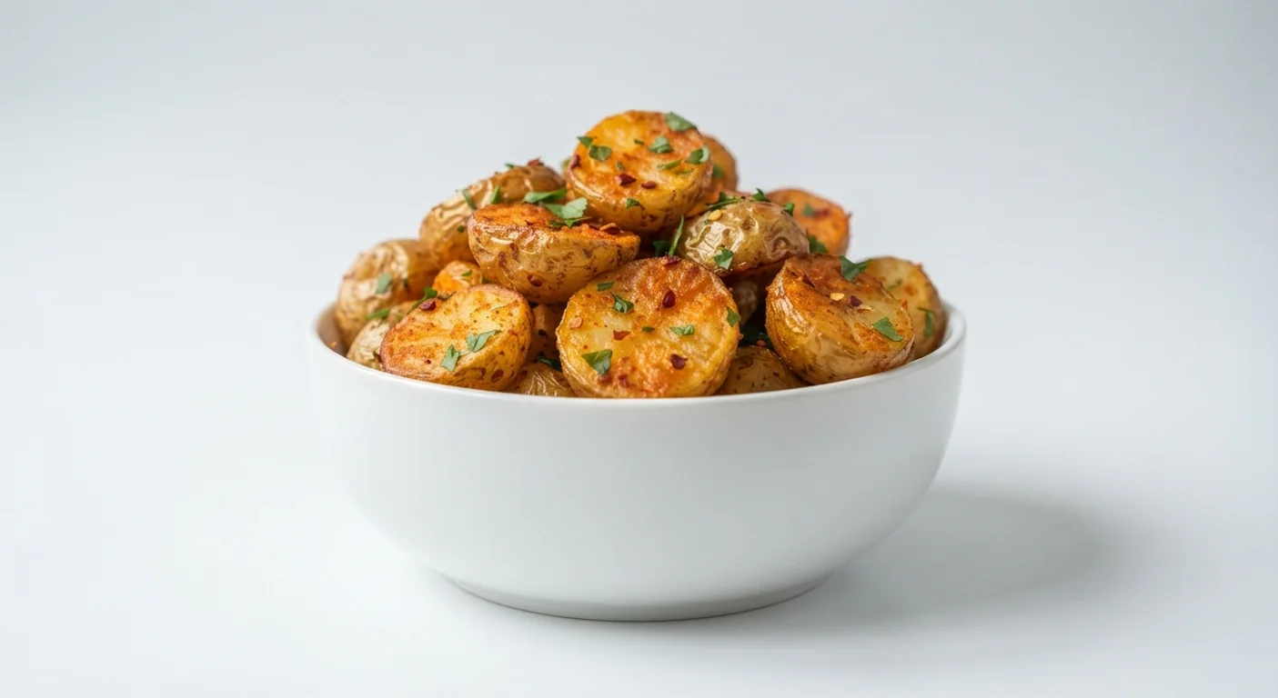 Nando's Rostinas, crispy halved potatoes in smoked paprika seasoning with parsley and chilli flakes in a white bowl, nutrition and calories